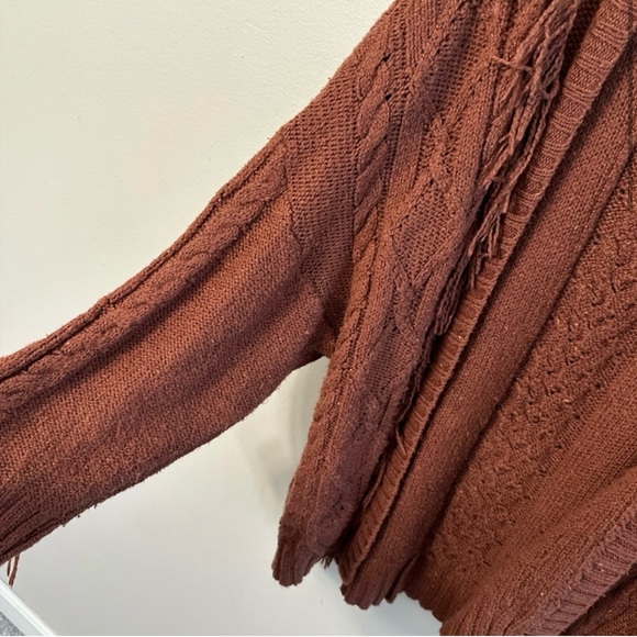 American Eagle Fringe Classic Cable Knit Sweater Cardigan in Chocolate Brown - Picture 5 of 6
